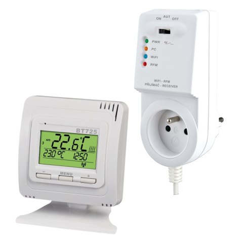 Bezprzewodowy termostat BT725 z wbudowanym modułem WiFi w odbiorniku. Bezprzewodowy termostat BT725 z wbudowanym modułem WiFi w odbiorniku.